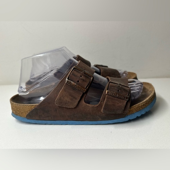 Birkenstock Shoes - Birkenstock Arizona Sandals US 7 EU 38 Brown Oiled Leather Two Strap Blue Sole
